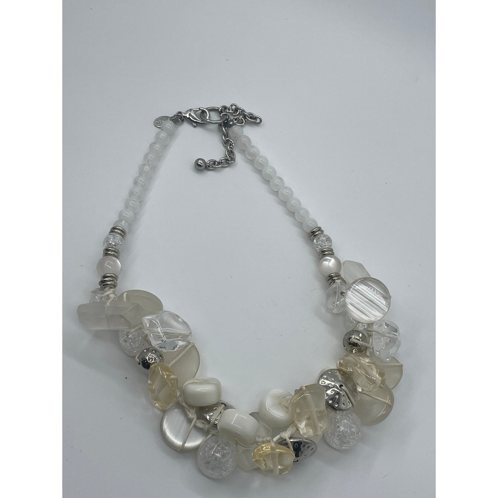 Chicos White Clear Beaded Chunky Statement Necklace Silver Tone Adjustable Bib